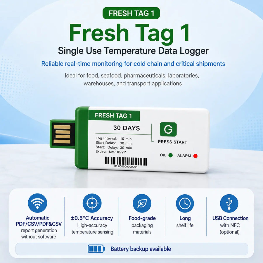 Cool IQ Fresh Tag 1 | Single-Use USB Temperature Data Logger (PDF & CSV)